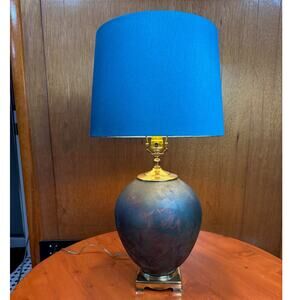 Vintage Raku Ceramic Lamp with Blue Shade